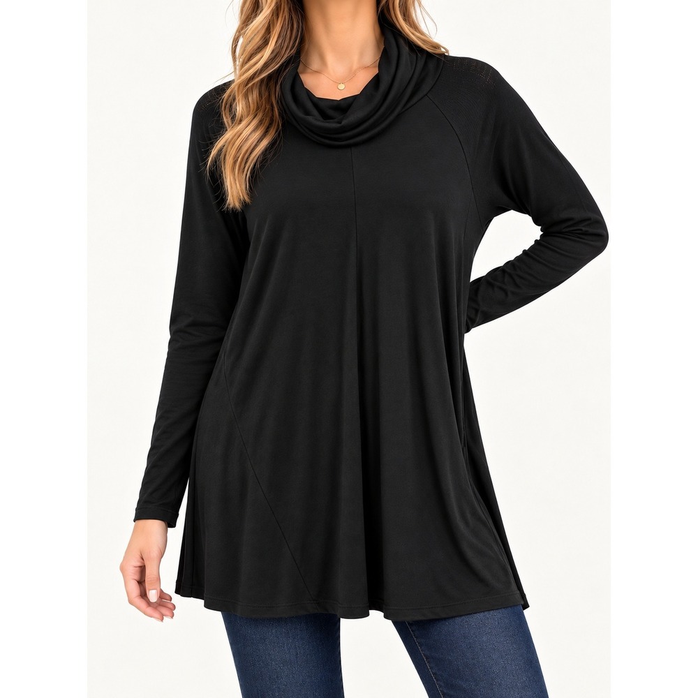 Gilli Black Cowl Neck Tunic Dress Long Sleeve Ribbed A-Line Minimalist Top